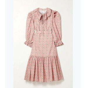 HORROR VACUI ROSIE SCALLOPED FLORAL-PRINT COTTON-CORDUROY MIDI DRESS PINK SMALL